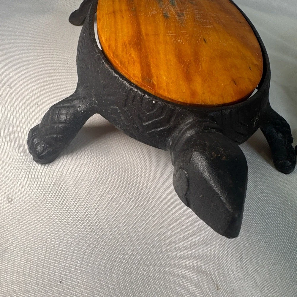 Vintage Cast Iron Turtle Cheese Grater and Wood Trivet Set Black Rustic Decor